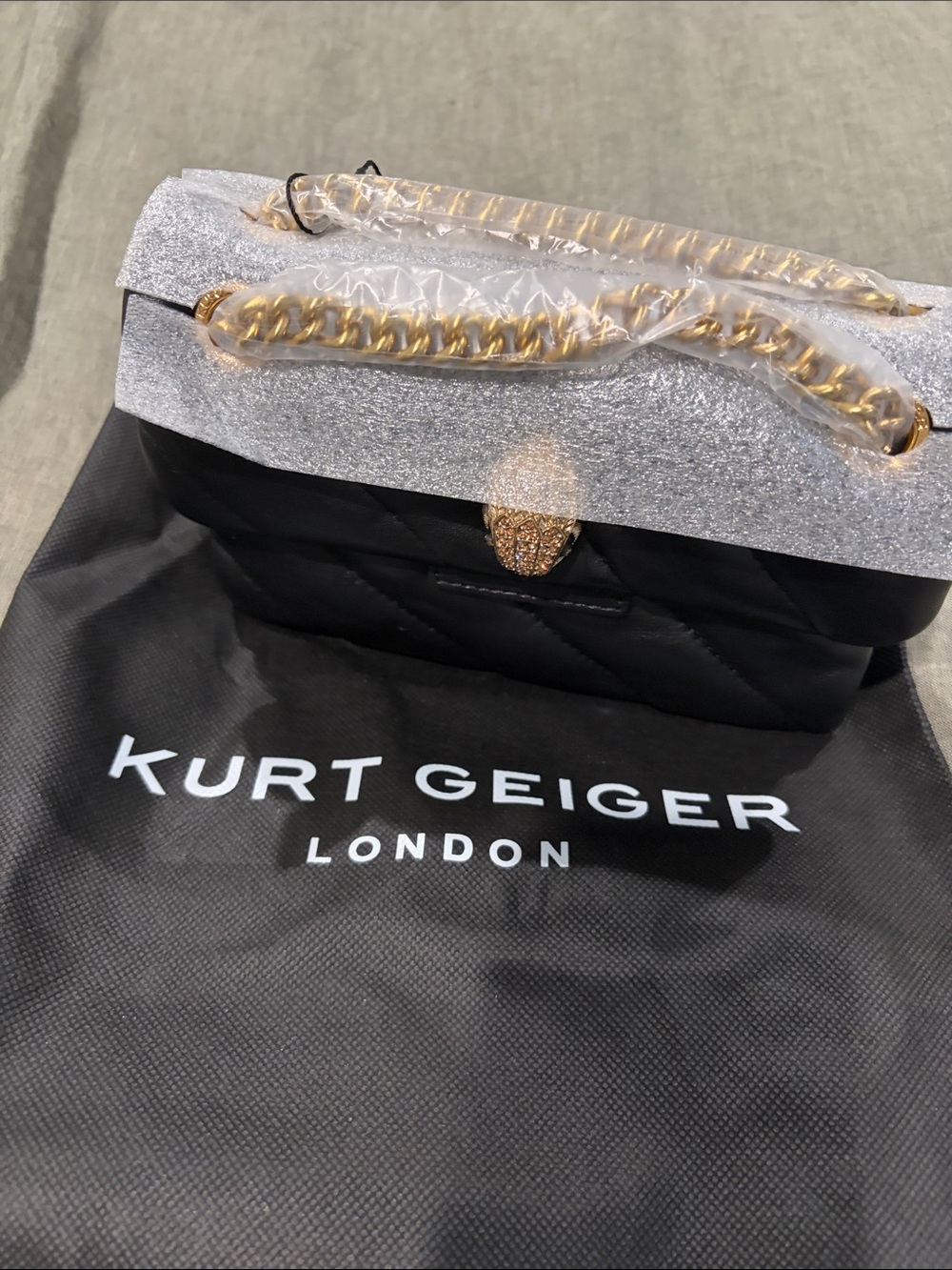 NWT-Kurt Geiger Black Quilted Shoulder Bag with Gold Hardware